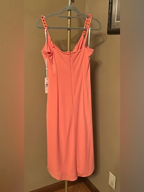 Twist-Strap Coral Midi Dress with Draped Front - Picture 2 of 3